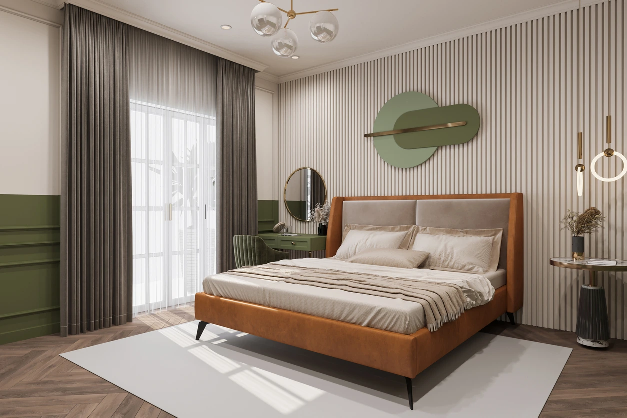 Modern, serene bedroom in earthy tones.